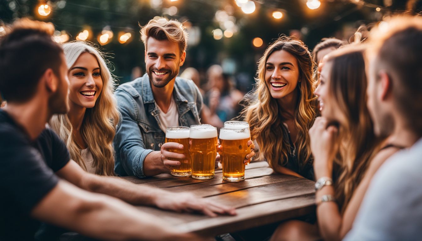 A diverse group of friends enjoying drinks at a lively beer garden.