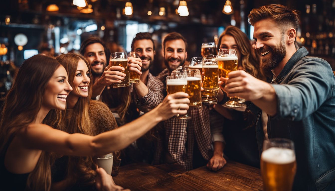 A diverse group of friends raising glasses in a lively bar.