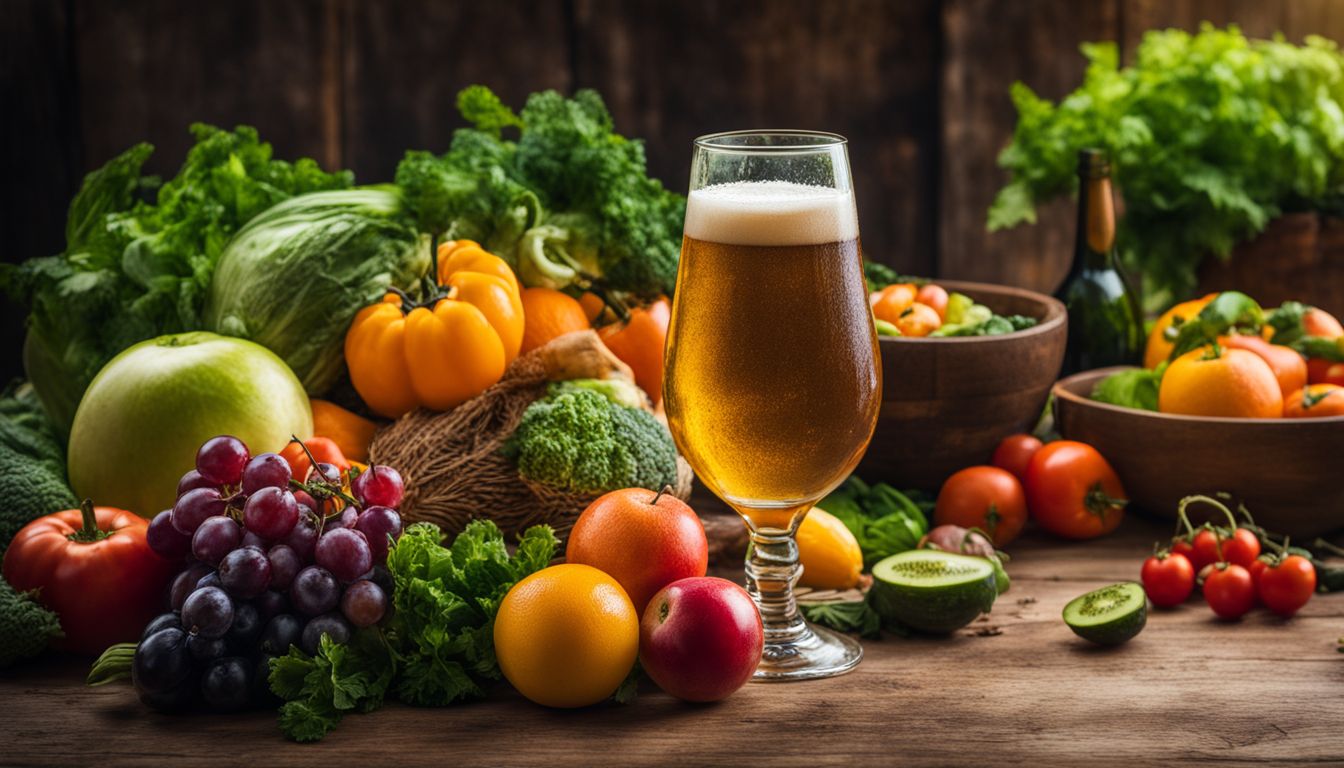 A glass of beer surrounded by fruits and vegetables, diverse people.