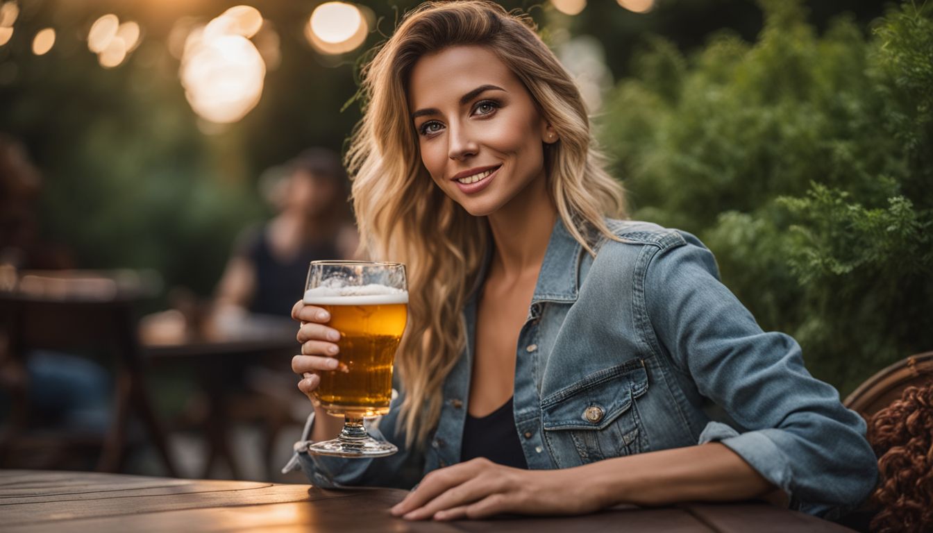 A woman enjoying a beer on a patio surrounded by greenery.