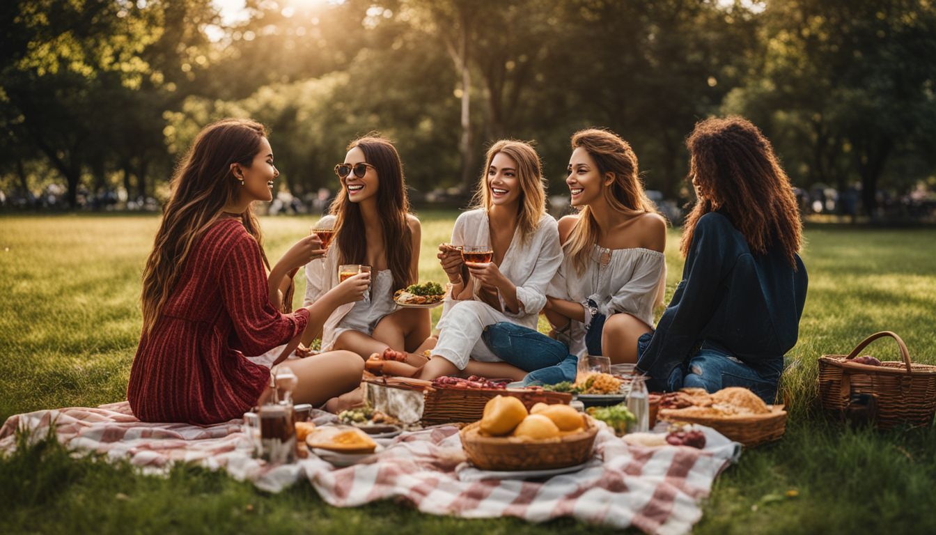 A diverse group of friends have a picnic in a park.