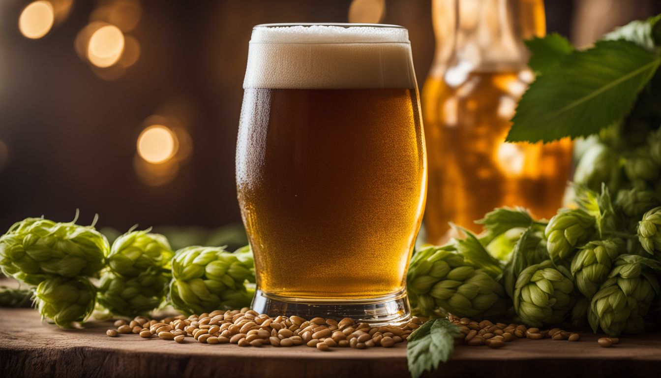 A photo of beer with hops and barley grains, and diverse people.