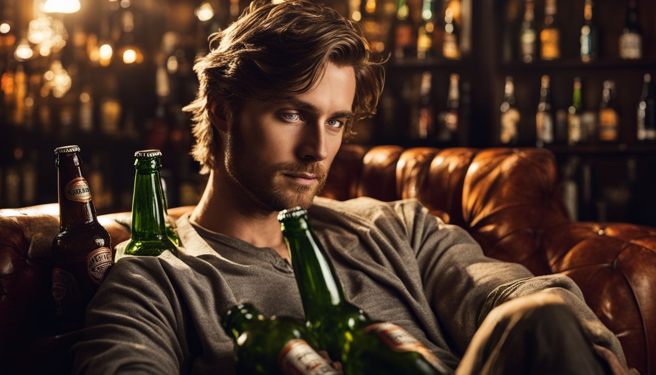 Man surrounded by empty beer bottles, slumped on couch in dim room.