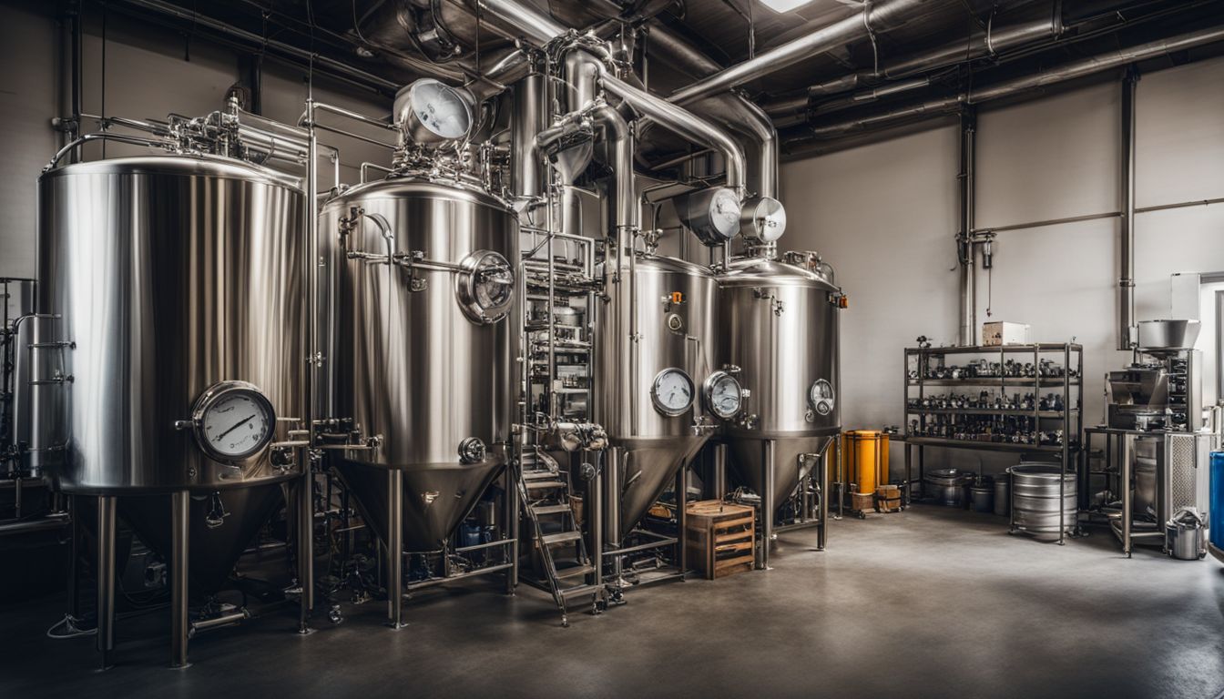 A bustling, well-lit brewery with a variety of brewing equipment and ingredients.