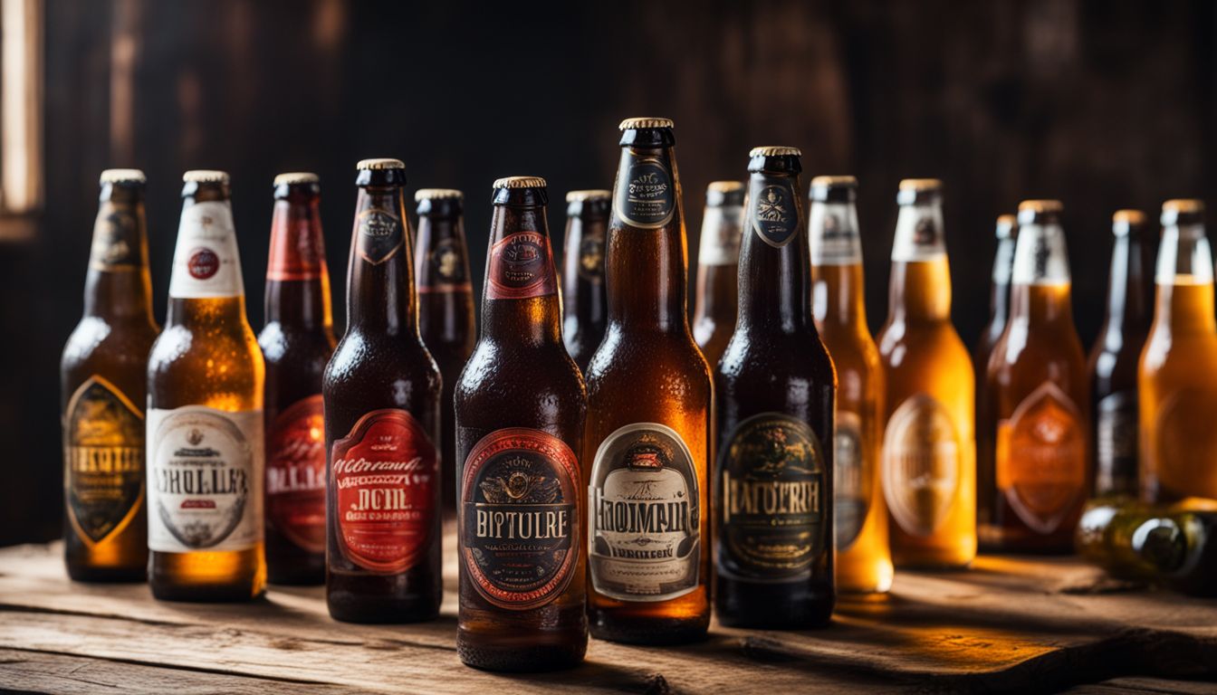 Photo of homemade beer bottles on rustic table with diverse people.
