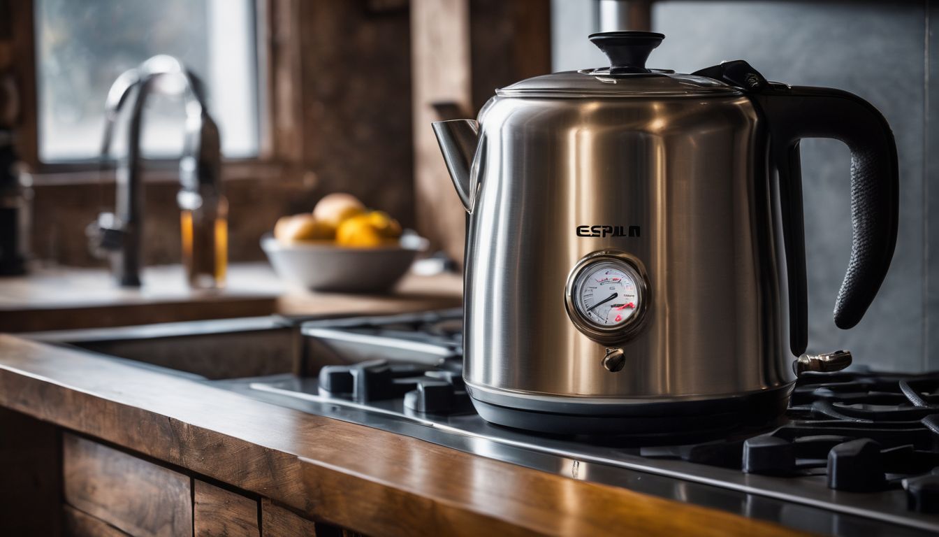 A photo of a stainless steel brew kettle on a stovetop.