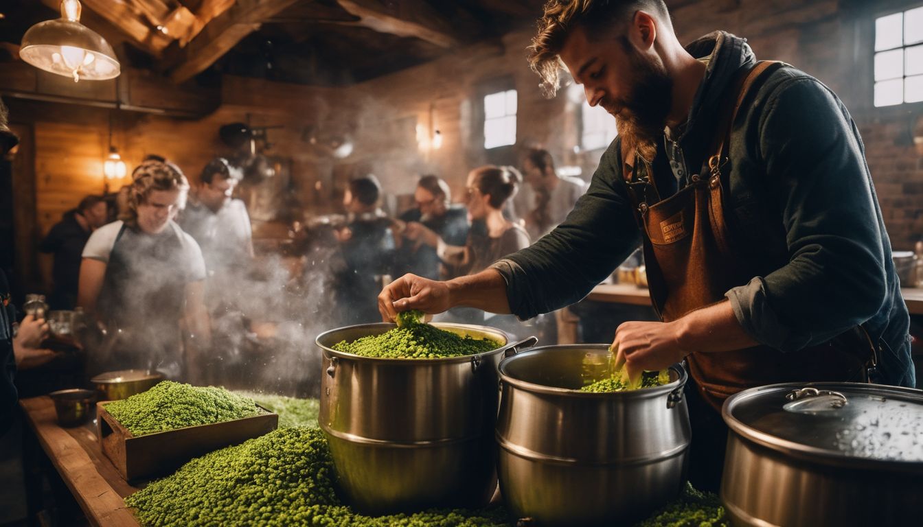 Person brewing beer surrounded by equipment, capturing bustling atmosphere in vivid detail.