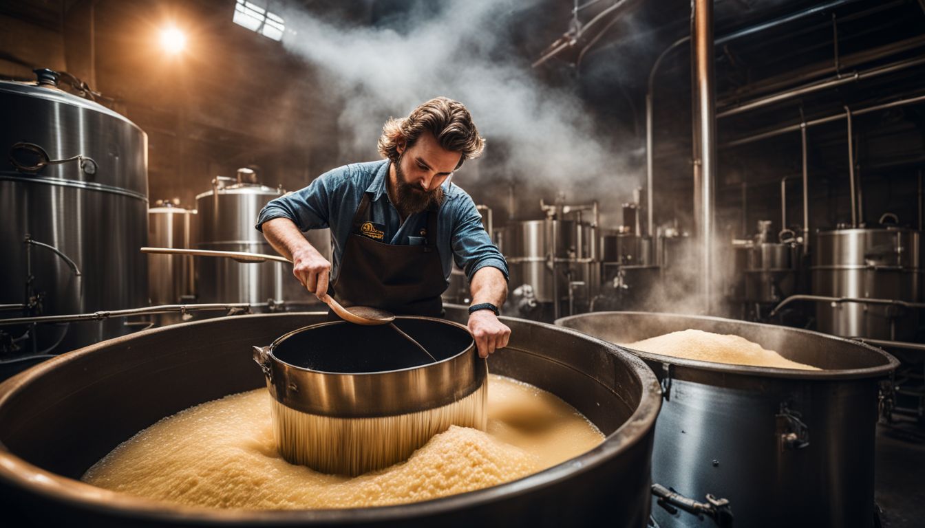A brewer stirring a thick mash in a large brewing vessel.