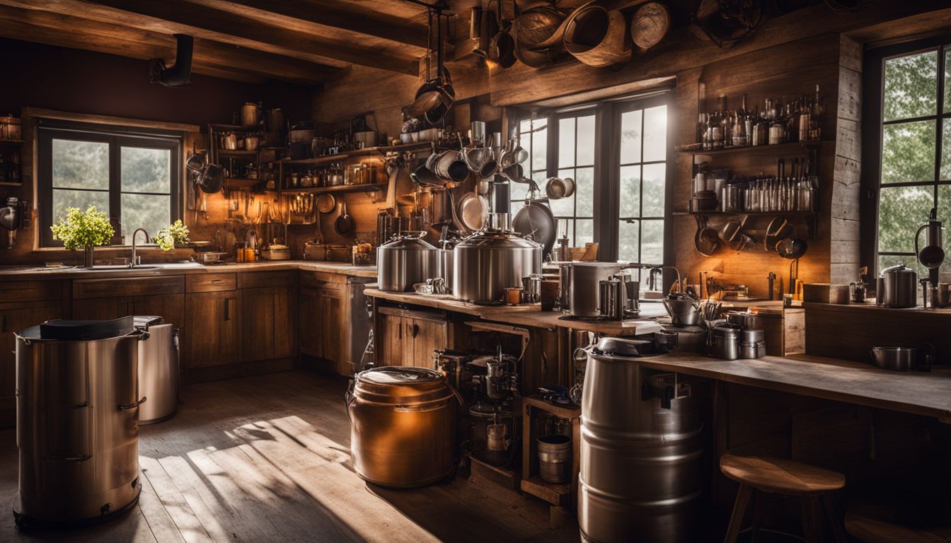 A photo of a homebrewing setup with brewing equipment and ingredients.
