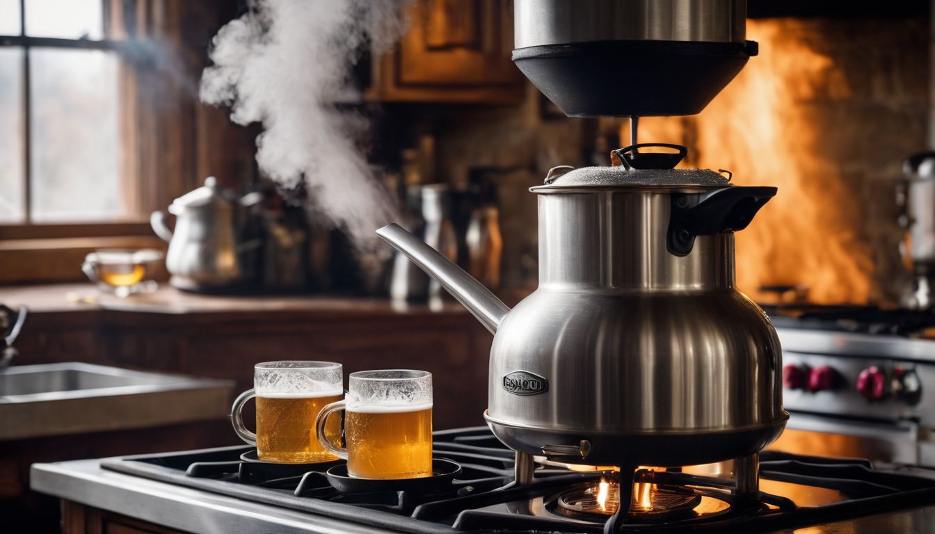 A photo of people homebrewing with a kettle on a stove.
