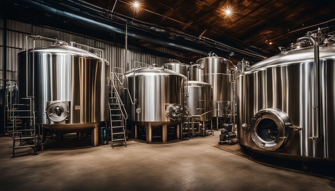 Beer fermentation tanks in a bustling brewery captured in stunning detail.