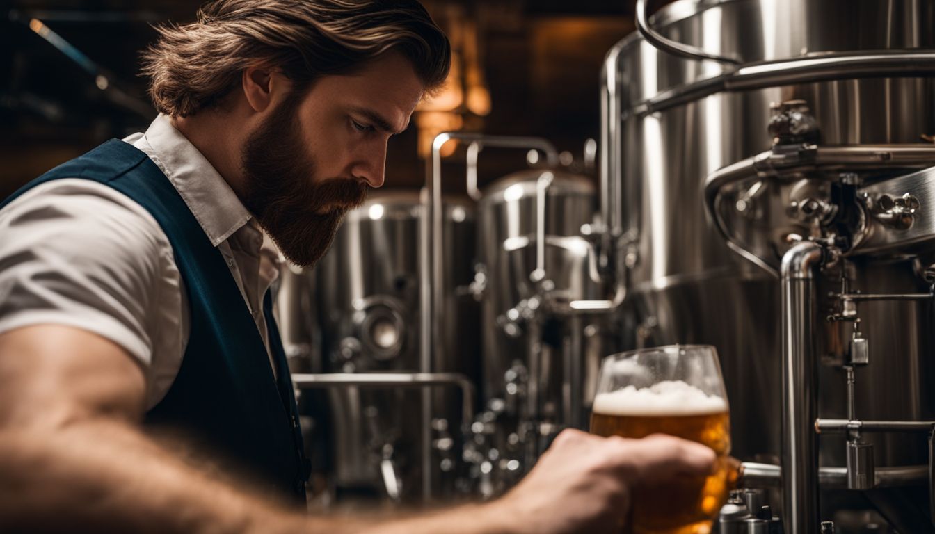 A brewer inspects beer surrounded by brewing equipment in a bustling atmosphere.