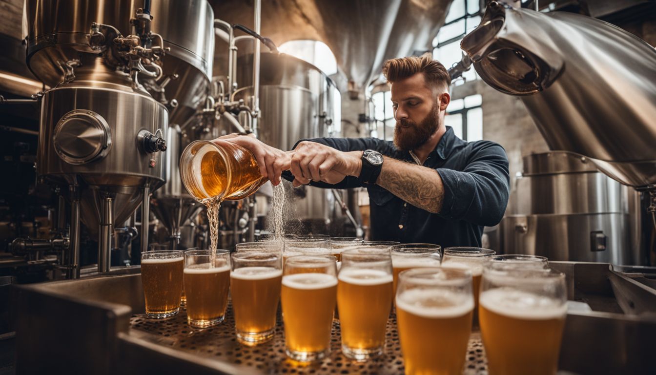 A photo of a brewer pouring clear beer through a filter.