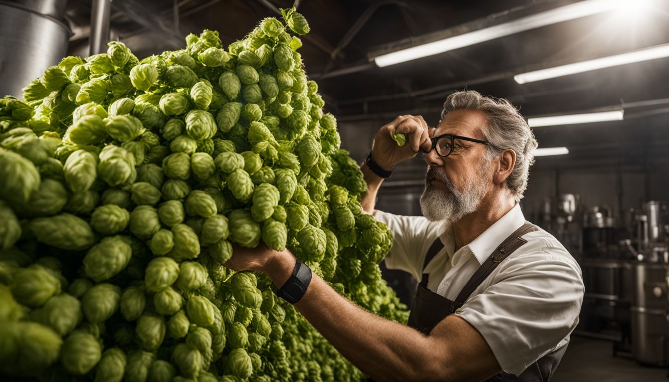 Experienced brewer analyzing hops for bitterness levels in a studio.