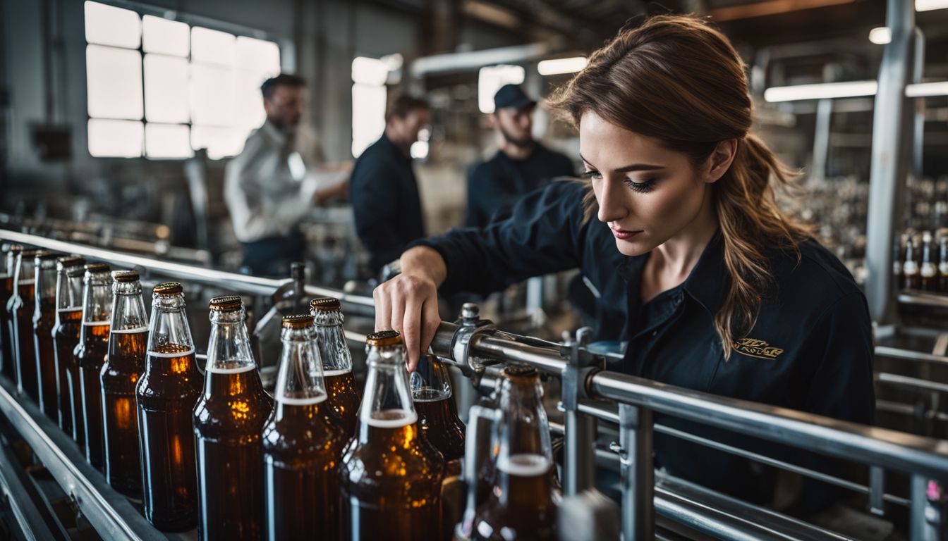 A brewmaster inspecting beer bottles on a production line in a factory.