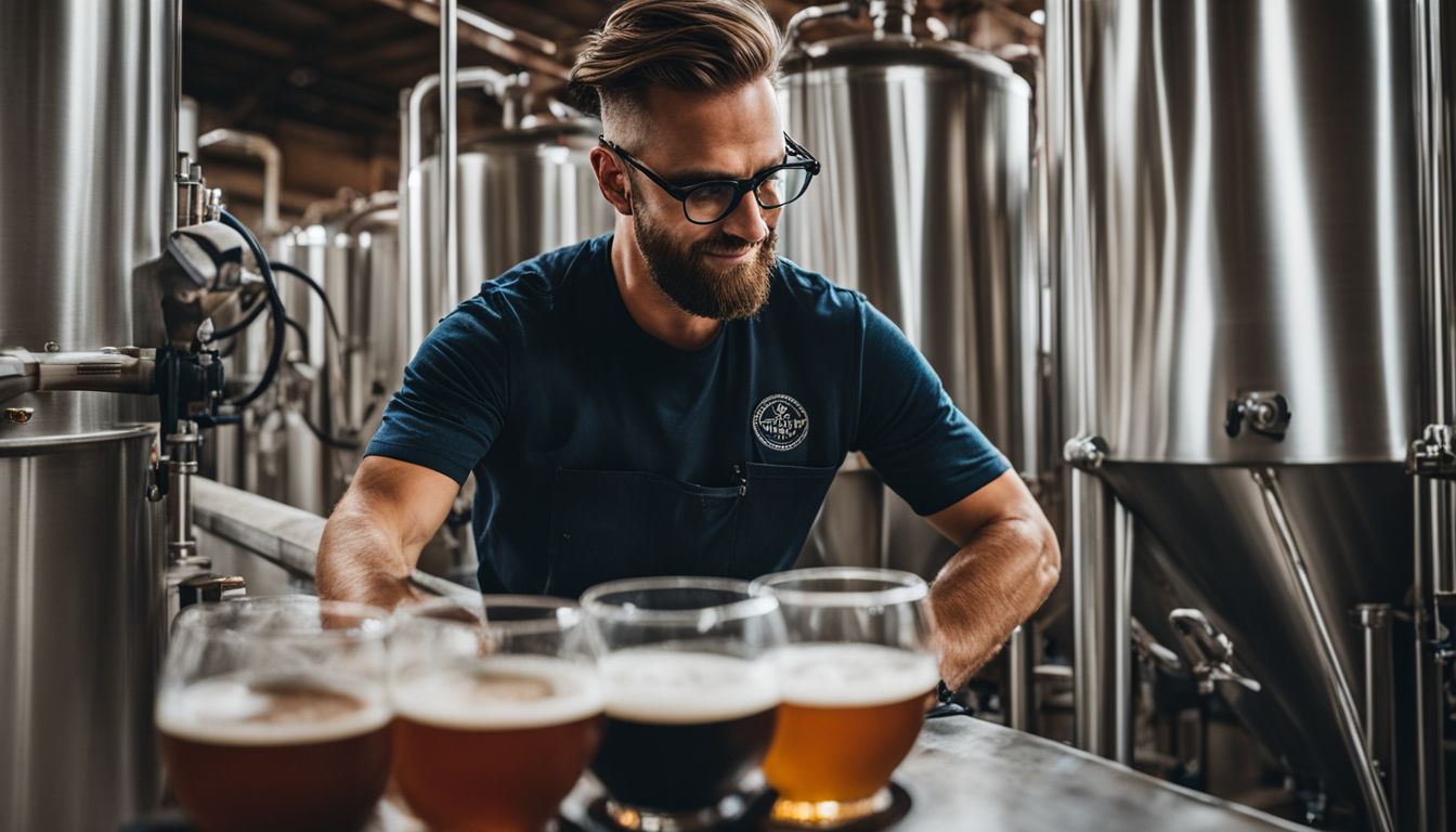 A brewer testing tools in a busy, well-lit brewery setting.