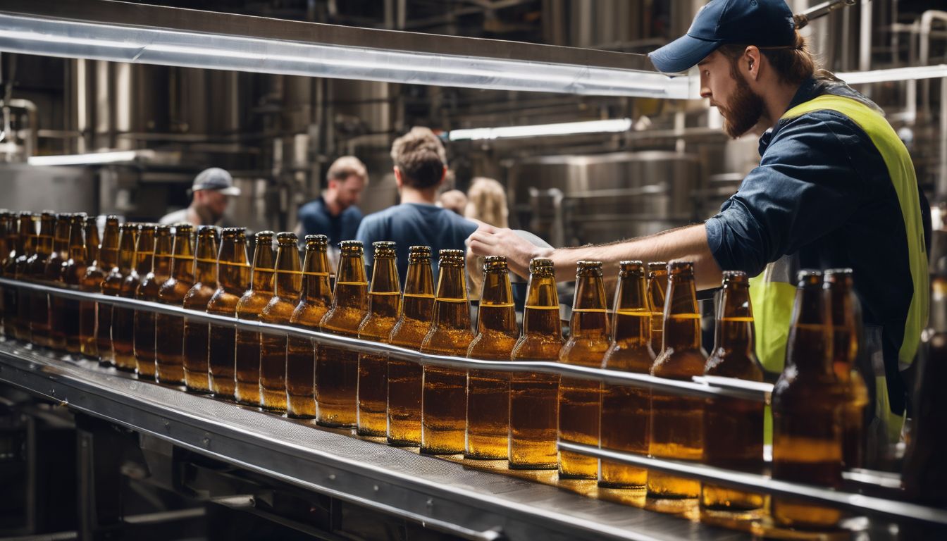 A brewery worker inspecting beer bottles on a conveyor belt.