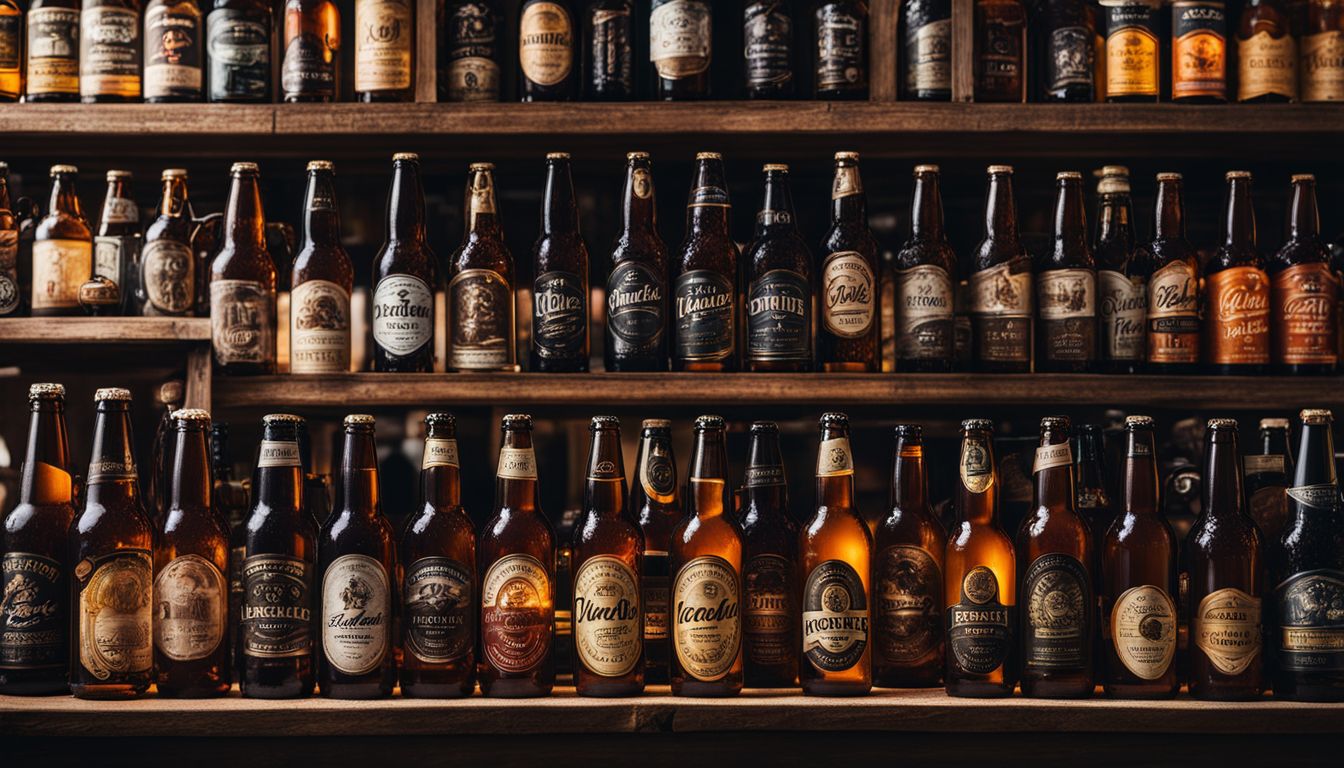 A photo of beer bottles with consistent labels surrounded by brewing equipment.