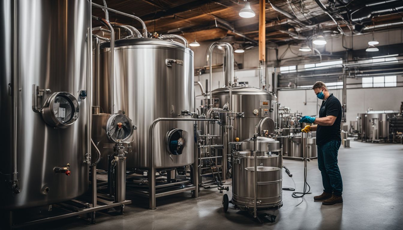 A brewery worker sanitizing equipment in a clean and organized environment.