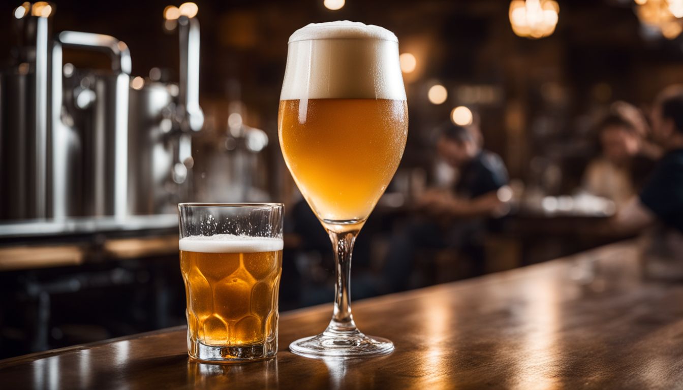 A photo of frothy beer poured into a glass with brewery equipment in the background.