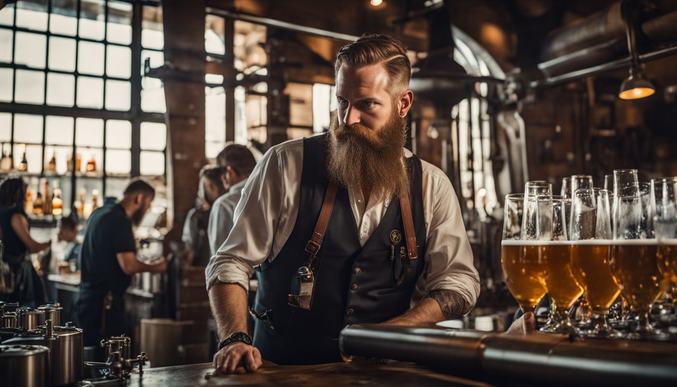 A brewmaster inspecting beer surrounded by brewing equipment in a bustling atmosphere.