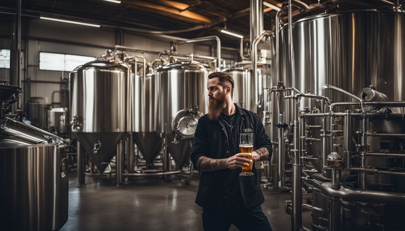 A brewer inspects a glass of beer in a busy brewery.