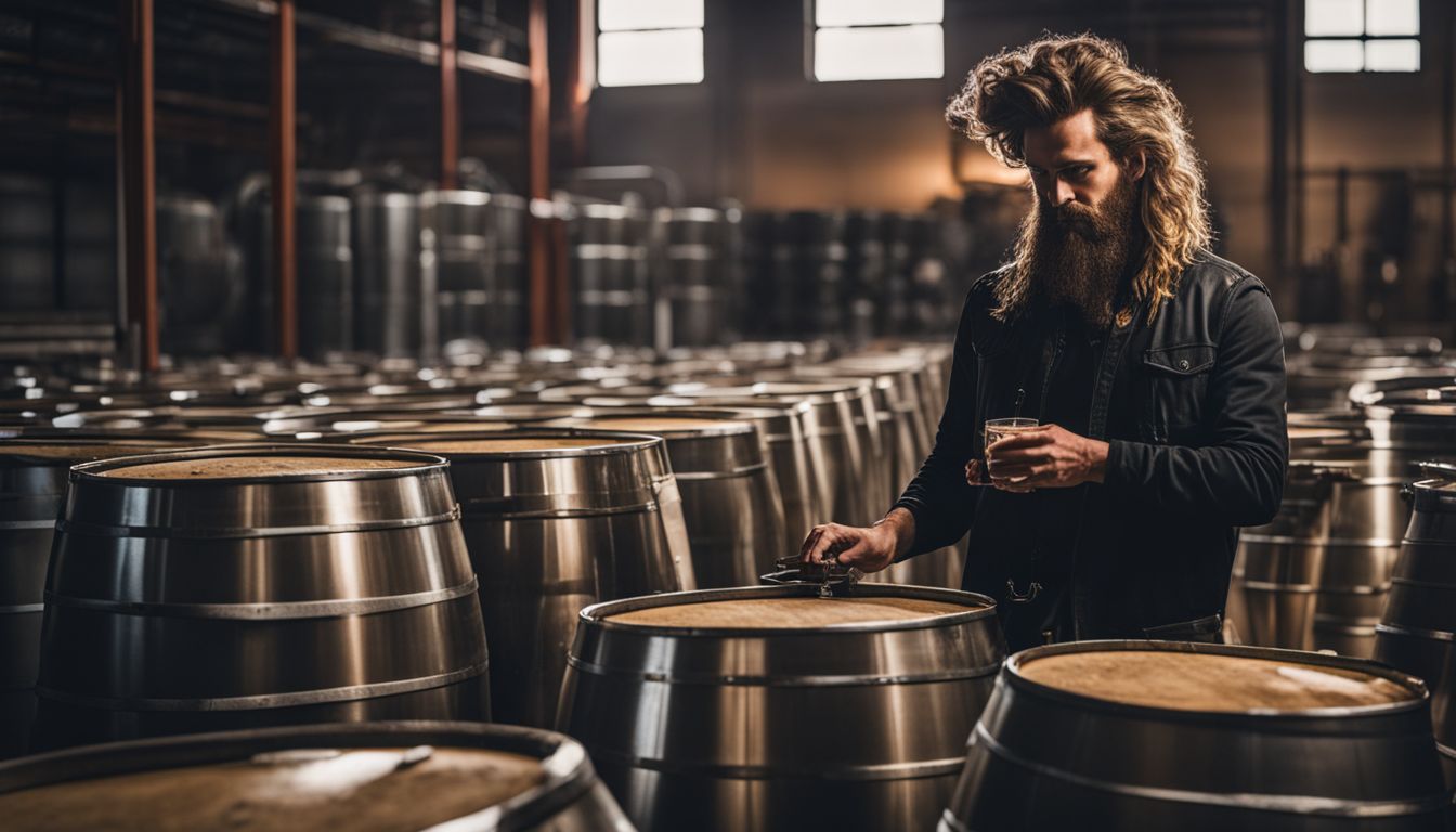 Brewmaster inspecting beer barrels in a modern brewery.