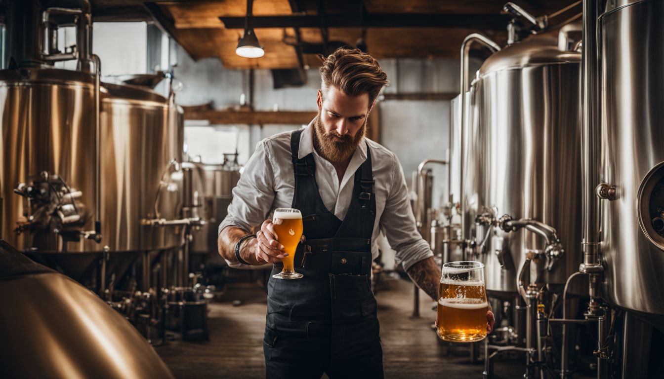 A brewer inspecting beer surrounded by brewing equipment and nature.