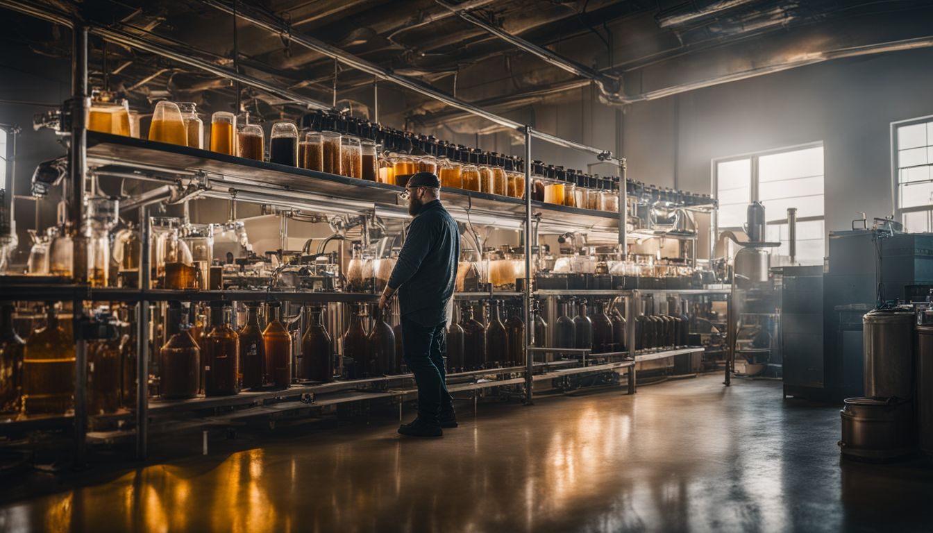 Craft brewer surrounded by multiple yeast strains in a busy laboratory.
