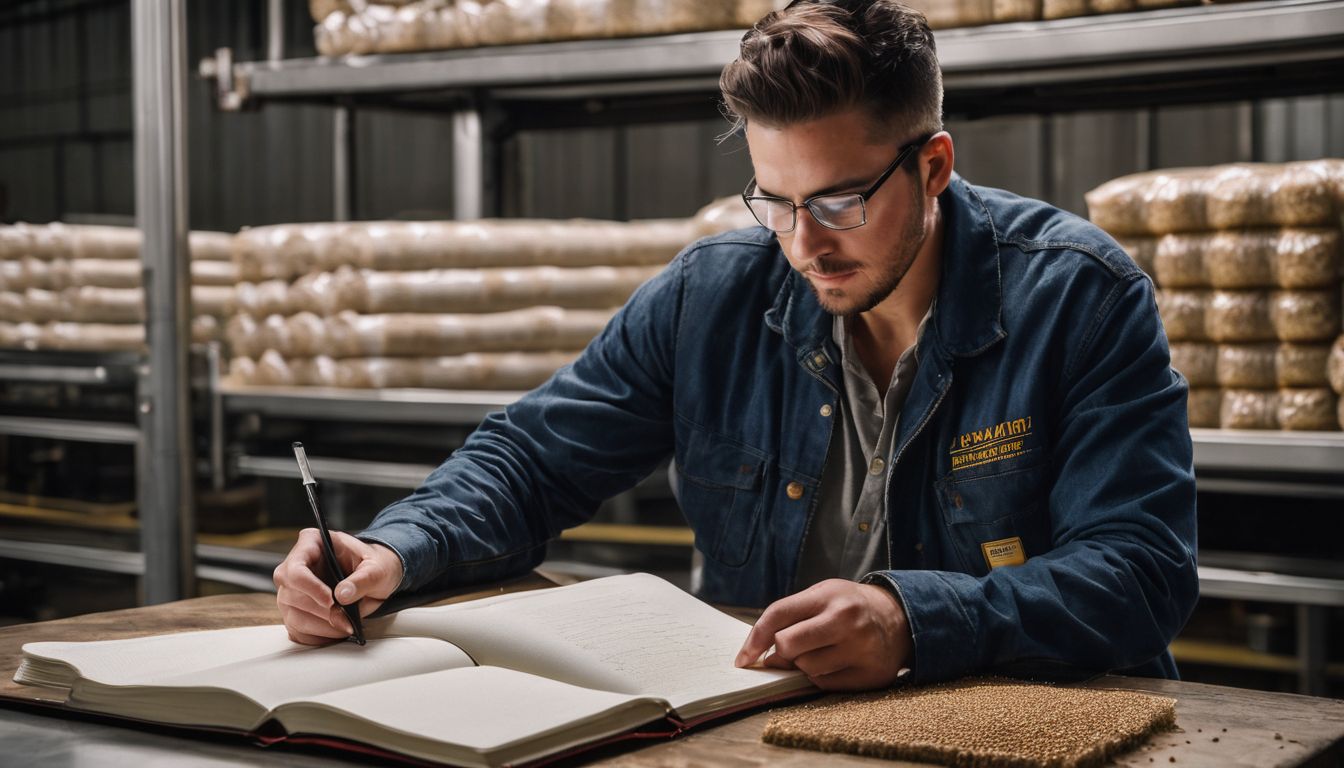 A brewery worker examines a notebook of yeast strain records.