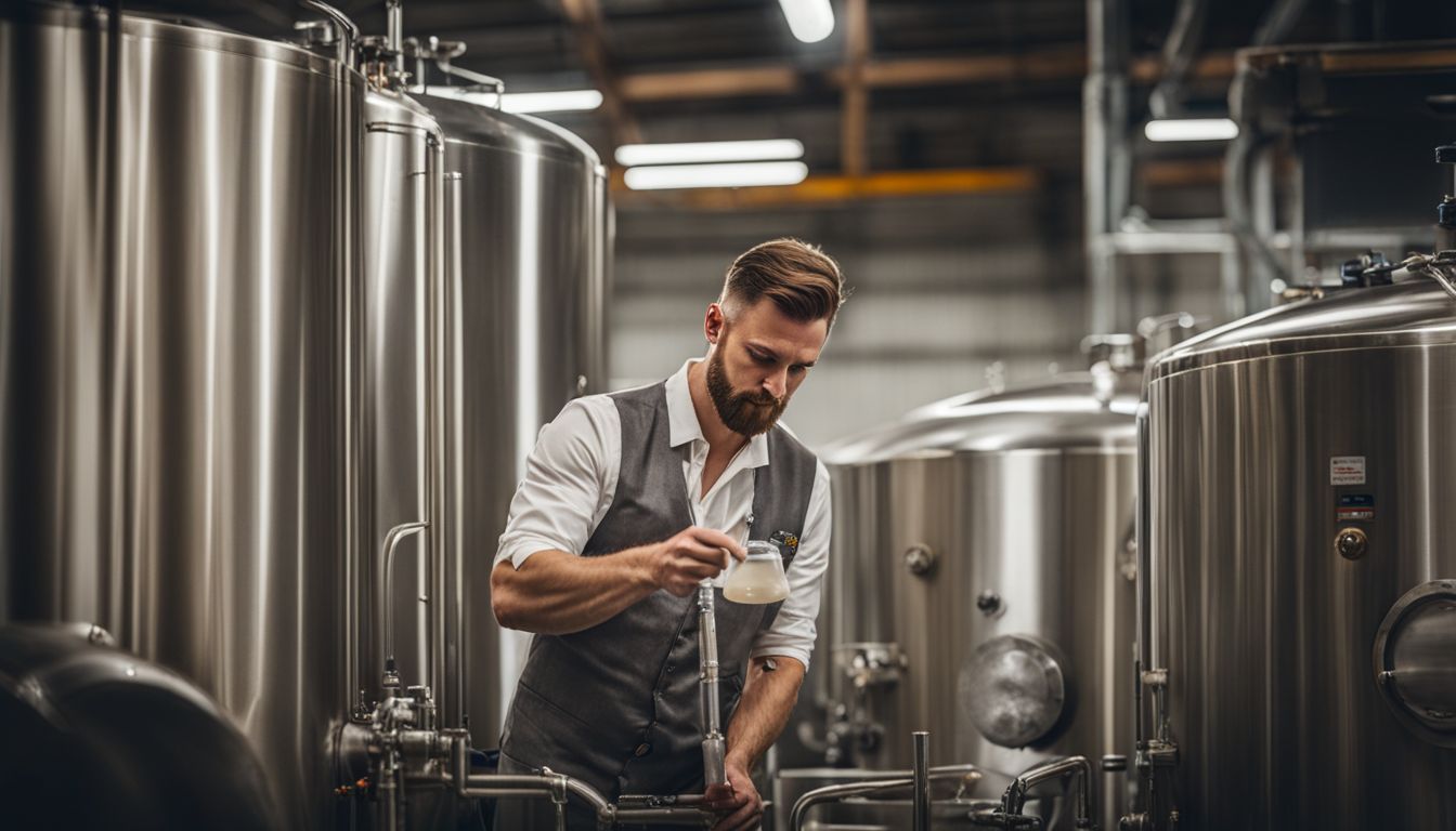 A brewer checking fermentation tanks in a bustling brewery.