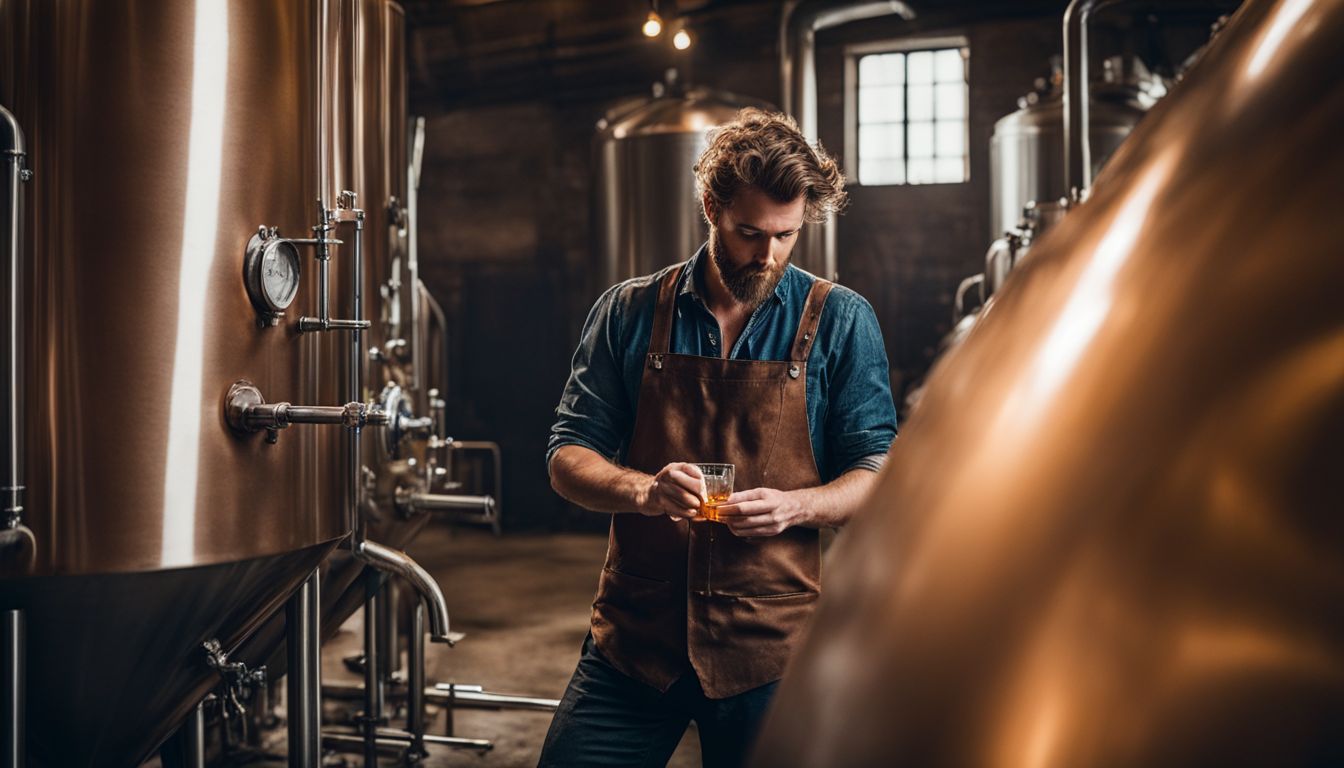 A brewer examining a fermenter in a rustic brewery.