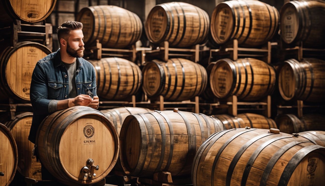 Brewery worker inspects aging beer barrels in bustling, well-lit environment.