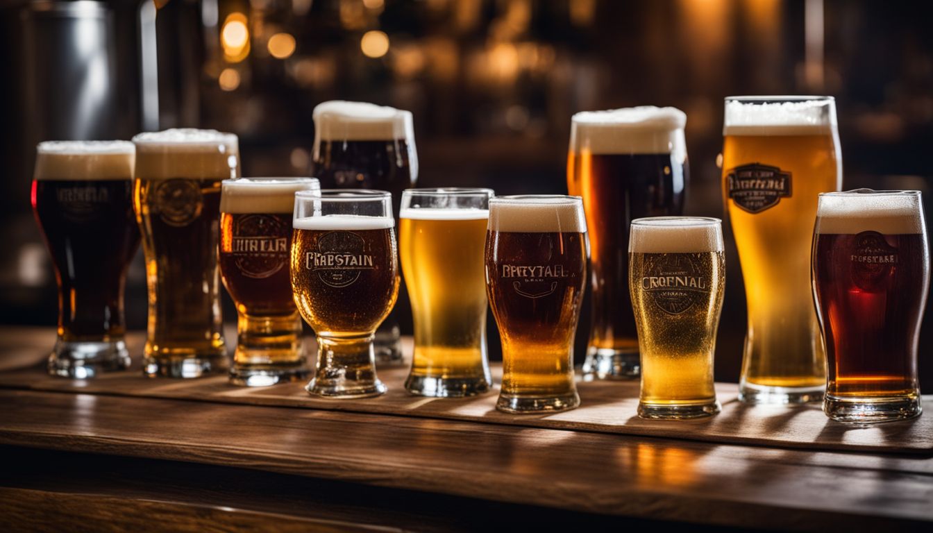 A variety of beer glasses displayed on a wooden bar.