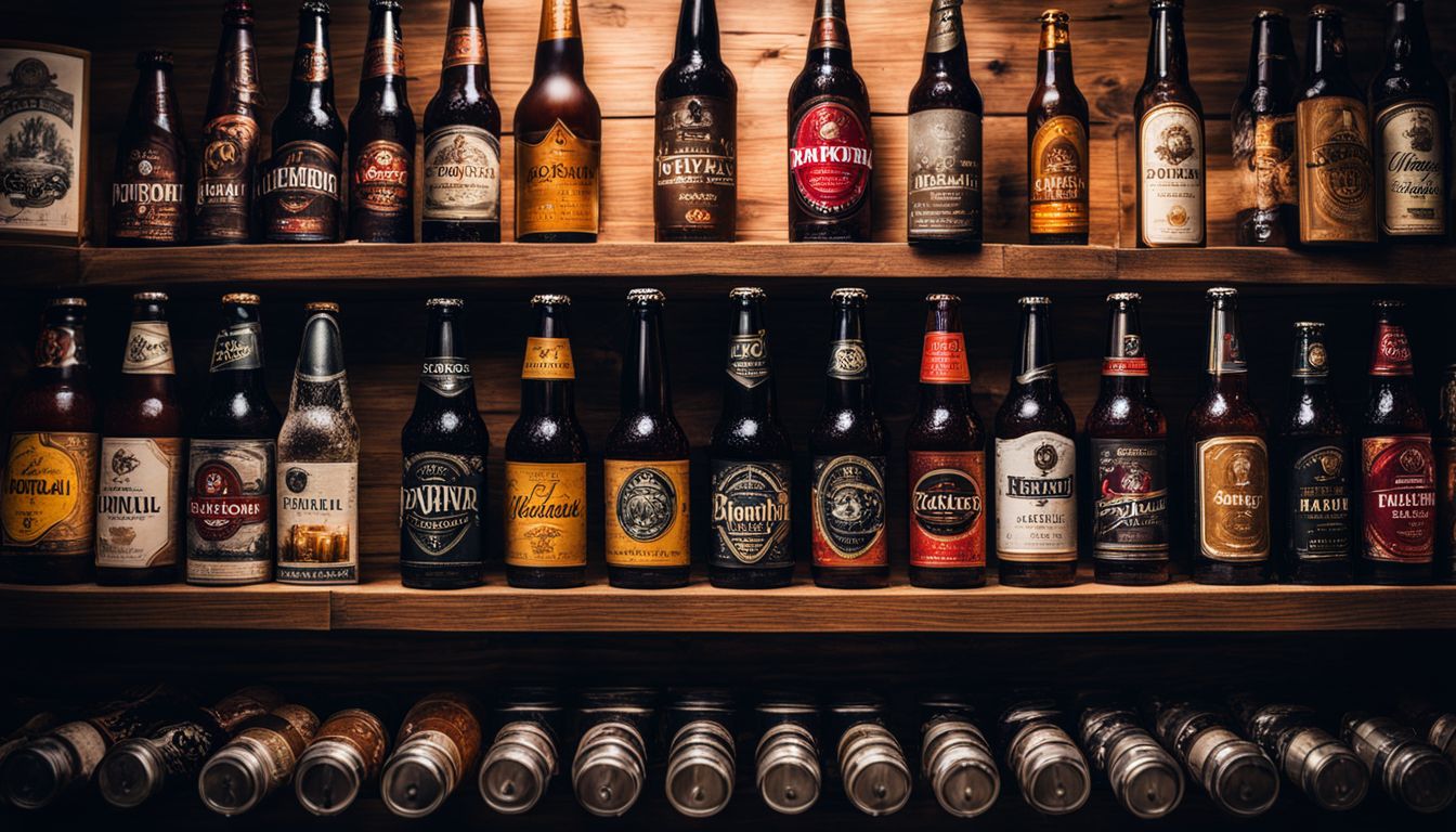 A variety of beers displayed on a wooden shelf.