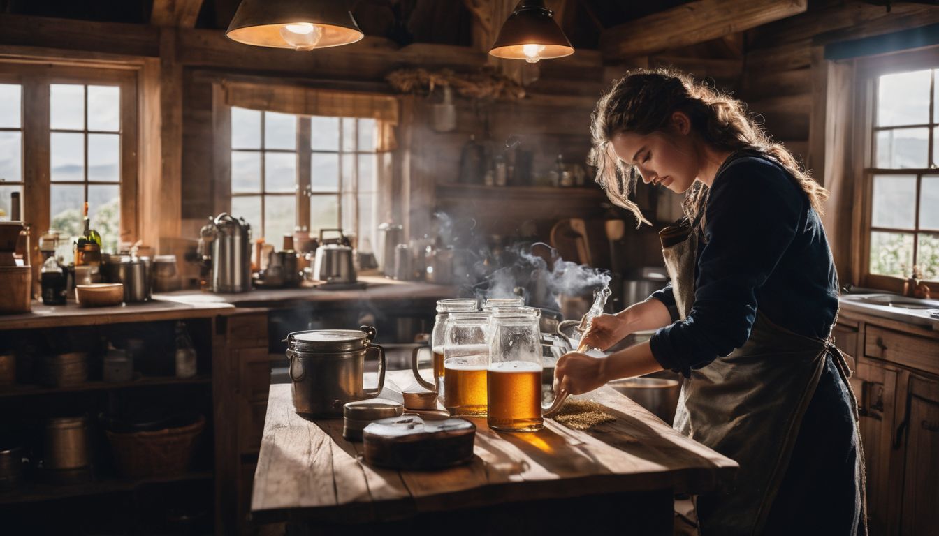 A person brewing beer in a farmhouse kitchen surrounded by equipment and books.