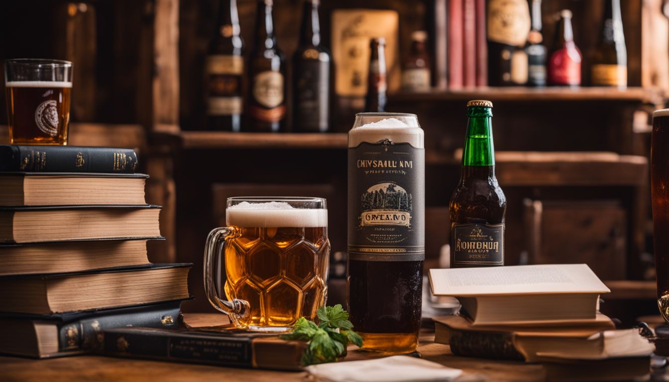 Stacked books with beer brewing equipment surrounded by nature photography and diverse people.