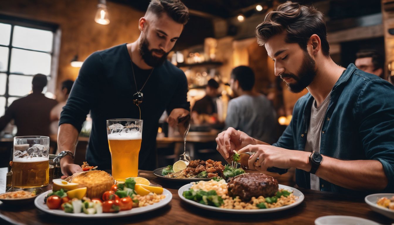 A person pouring beer surrounded by diverse flavorful food and people.