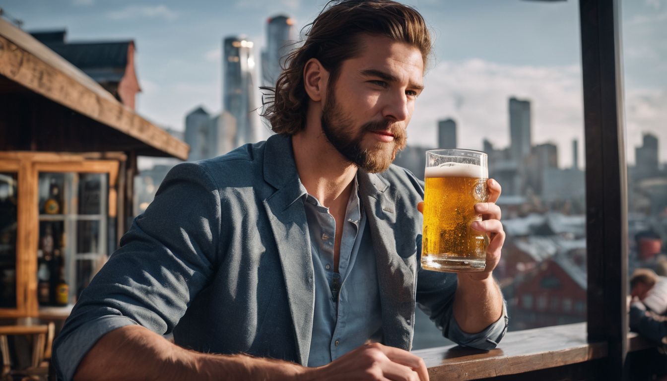 A person enjoying beer at a brewery with a cityscape background.