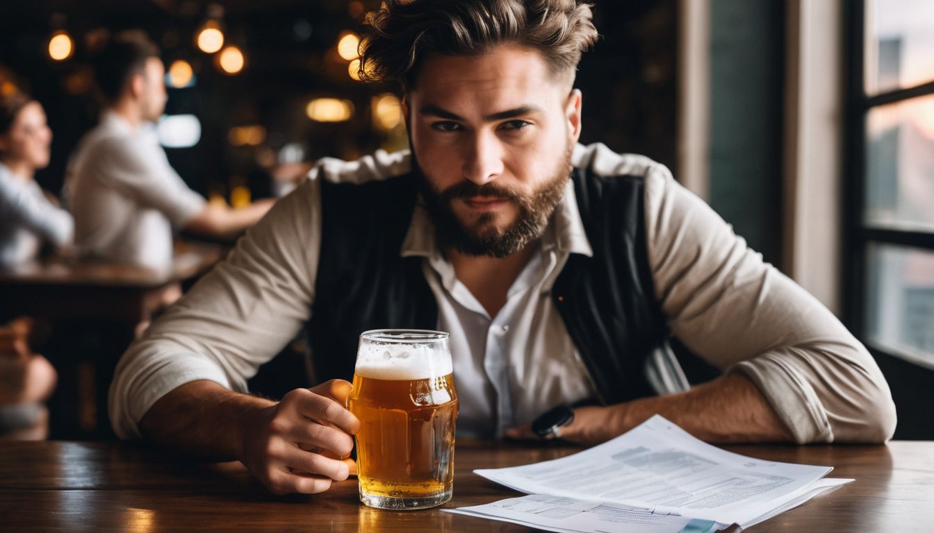 Person enjoying beer surrounded by worksheets and beer bottles, in busy atmosphere.