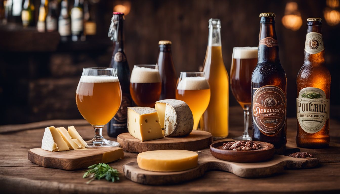Craft beers and cheese displayed on a rustic table.