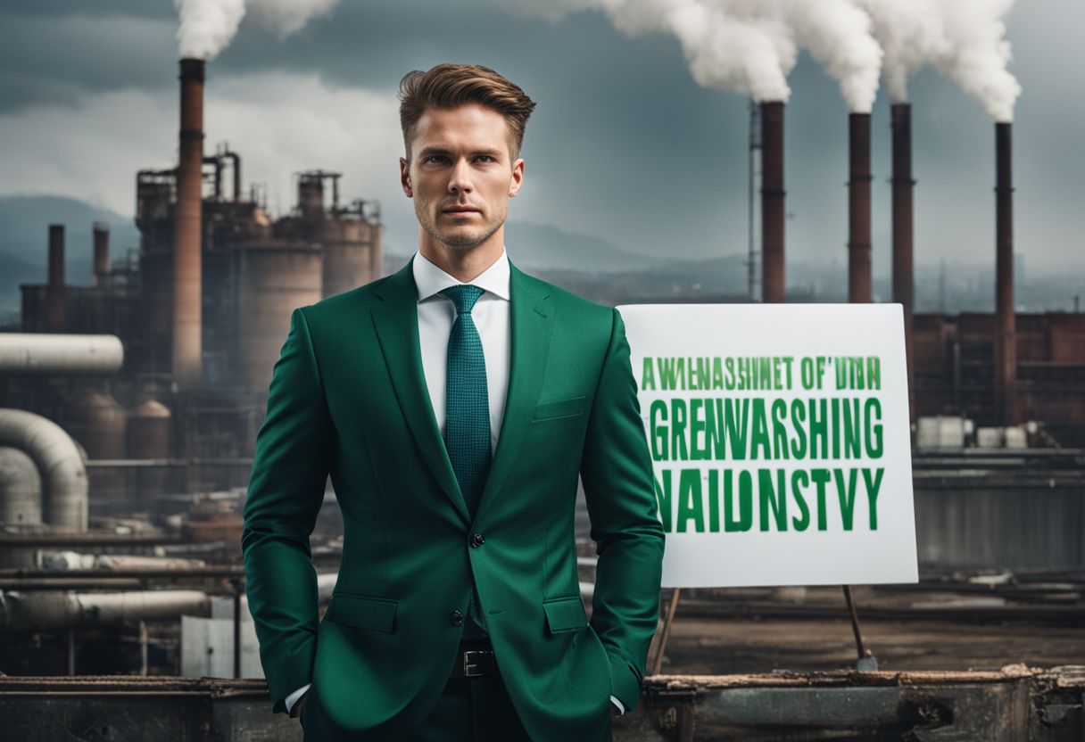 A businessman holding a Greenwashing sign in front of a polluted factory, with a detailed and realistic appearance.
