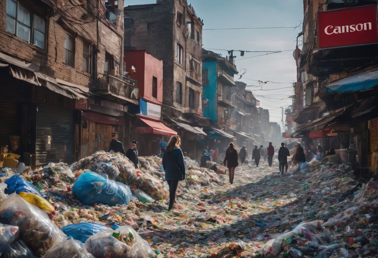 A person is surrounded by plastic waste in a polluted city, capturing the bustling atmosphere and emphasizing the environmental issue.