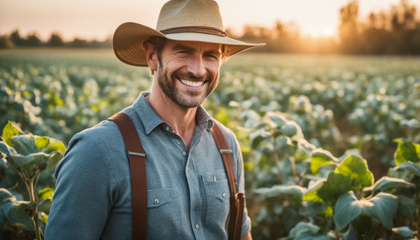 A Caucasian farmer is seen in a BCI Cotton field, surrounded by sustainable farming practices and various individuals.