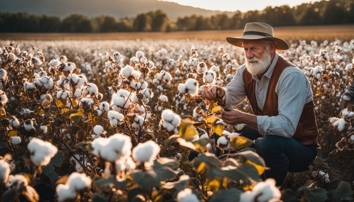A Caucasian farmer in a cotton field holds a BCI cotton plant, photographed with a DSLR camera for a nature photography project.