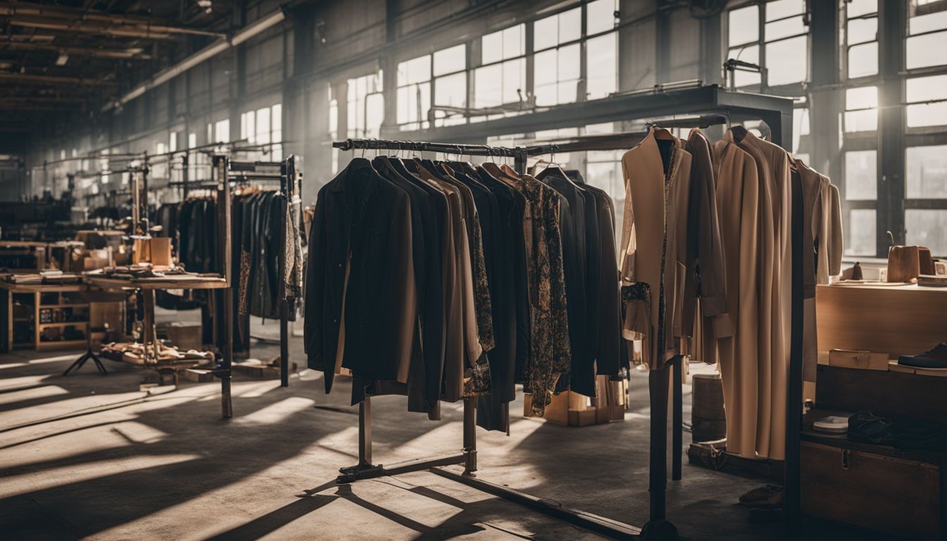 A rack of sustainable fashion clothing in a production facility, featuring diverse models showcasing different styles and outfits.