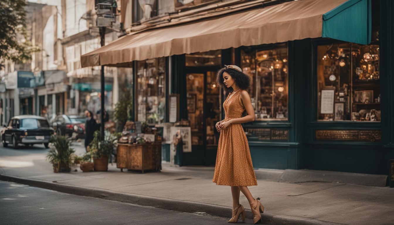 A woman in a vintage dress poses in front of a retro storefront in a bustling cityscape.