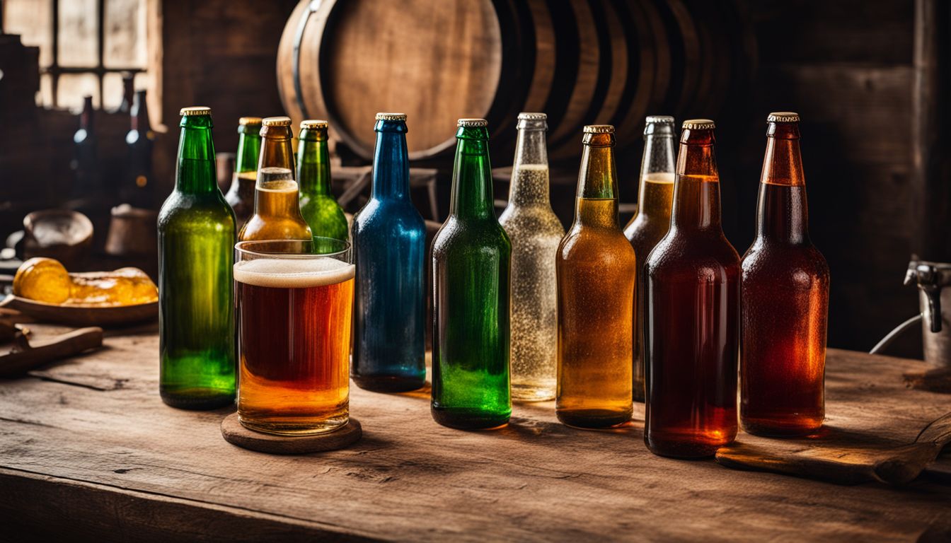 A colorful row of beer bottles and glasses on a brewery map background.