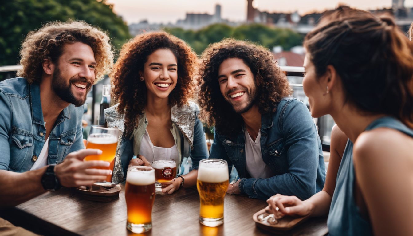 A diverse group of friends enjoying craft beer at a rooftop bar.