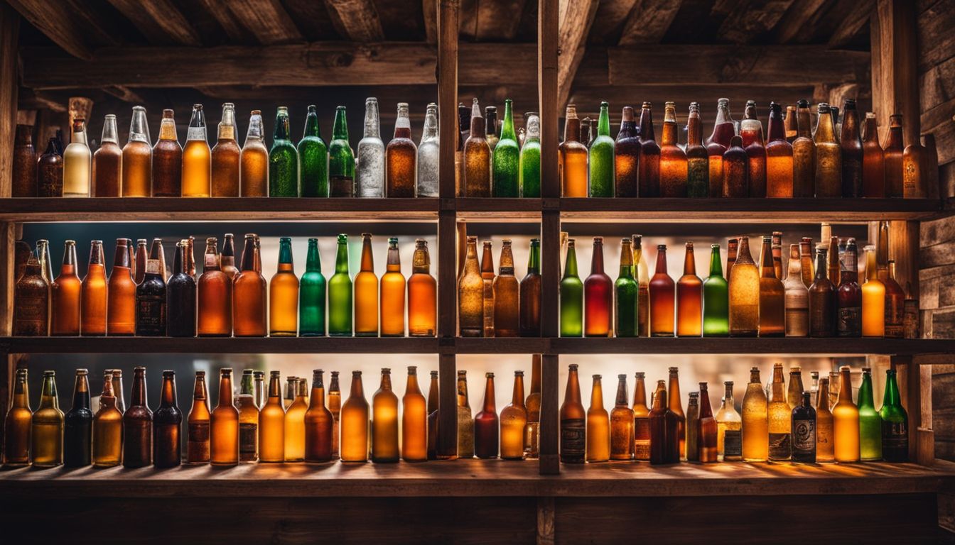 Colorful craft beer bottles displayed on rustic wooden shelves.